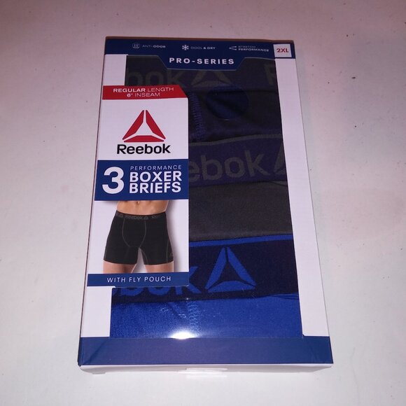 Reebok Underwear Mens Boxer Briefs 3 Pack Solids Black Blue Gray Fly Pouch New - Picture 1 of 16